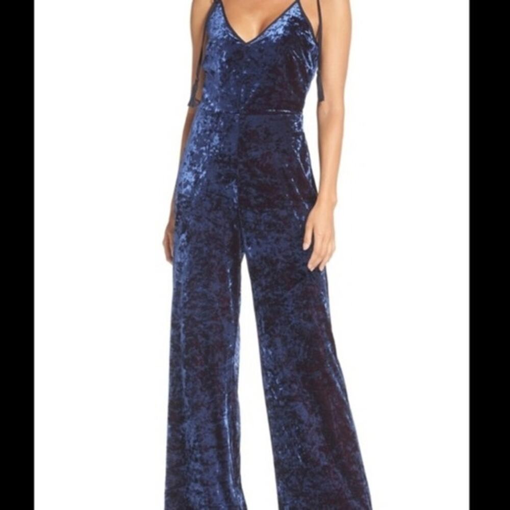 Aerie Dark Blue Velvet Burnout Holiday V-Neck Wide Leg Jumpsuit Womens Size L